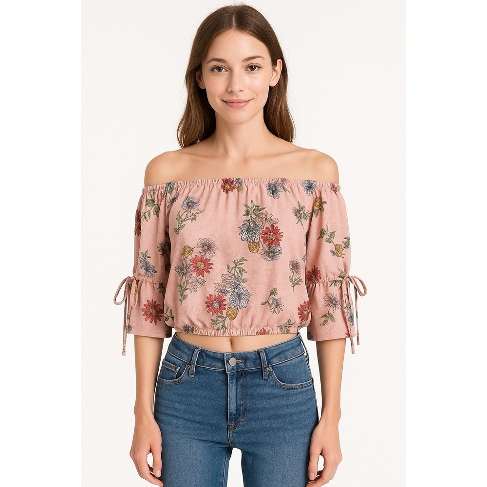 Papermoon‎ Womens Crop Top Pink Floral Print Short Sleeves Small